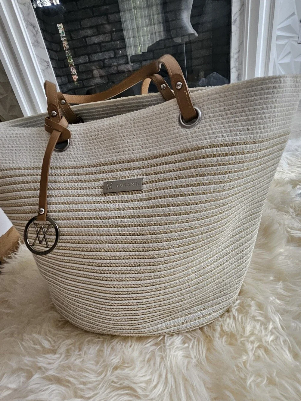miami Beige Straw Tote with Brown Trim and Logo Charm